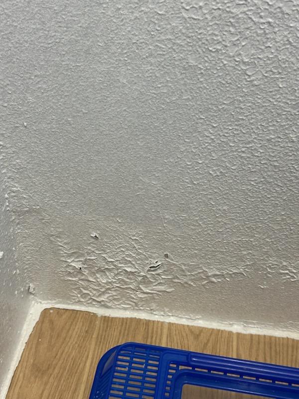 흰색 텍스처 벽면과 목재 패턴 바닥이 맞닿은 근접 샷