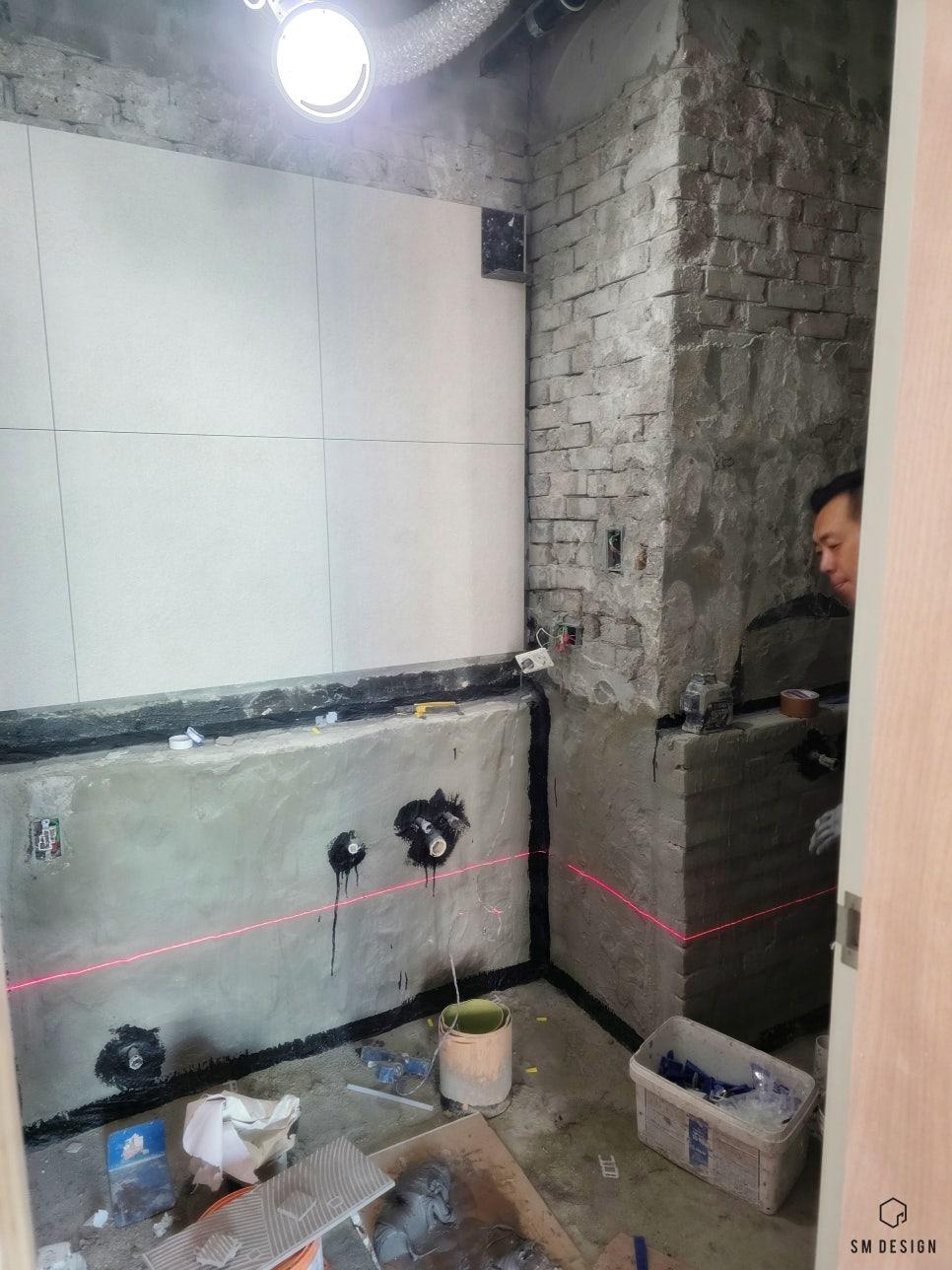 타일과 일체감을 주는 조적 파티션 시공