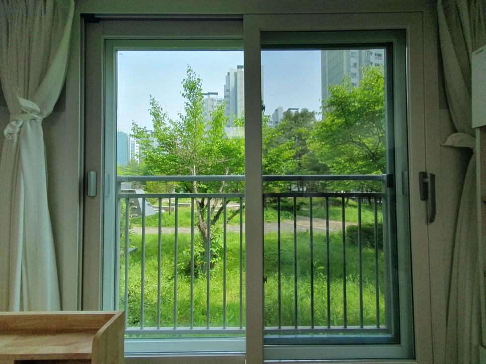 회색 창호 너머로 선명해진 초록 잔디와 나무
