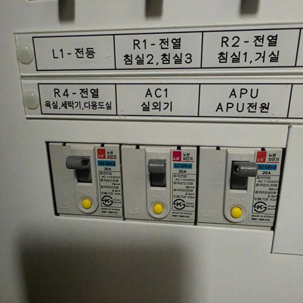 라벨이 부착된 전기 스위치 박스 내부
