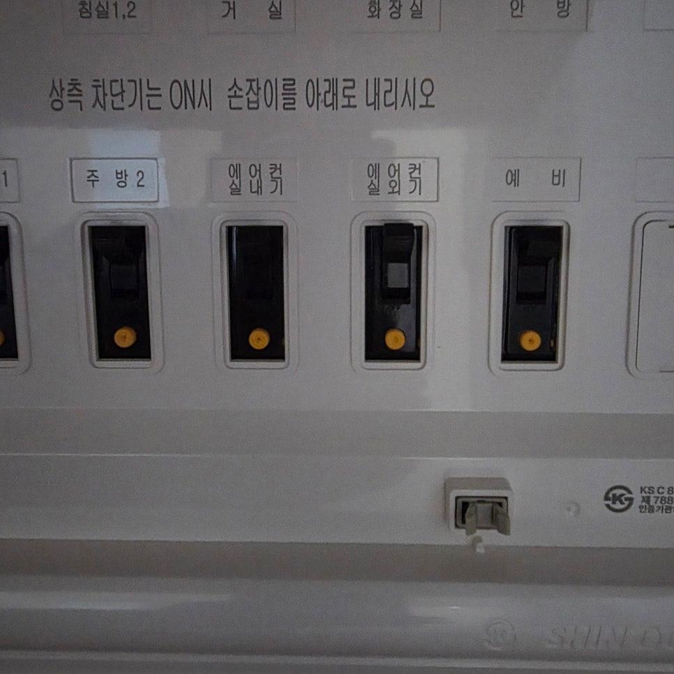 '주방 2', '엘레컷' 라벨이 붙은 전기 스위치 패널