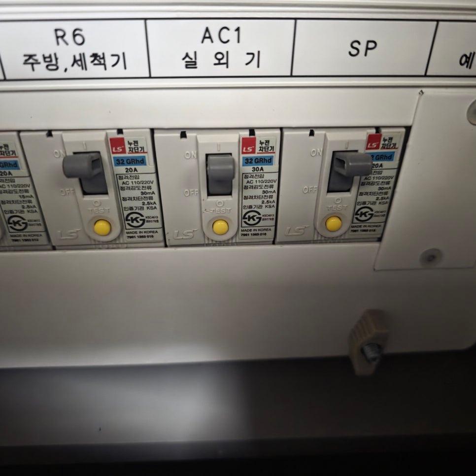 용도별 라벨과 규격이 적힌 전기 스위치 박스