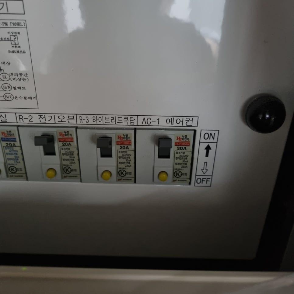 에어컨 브레이커가 설치된 전기 패널