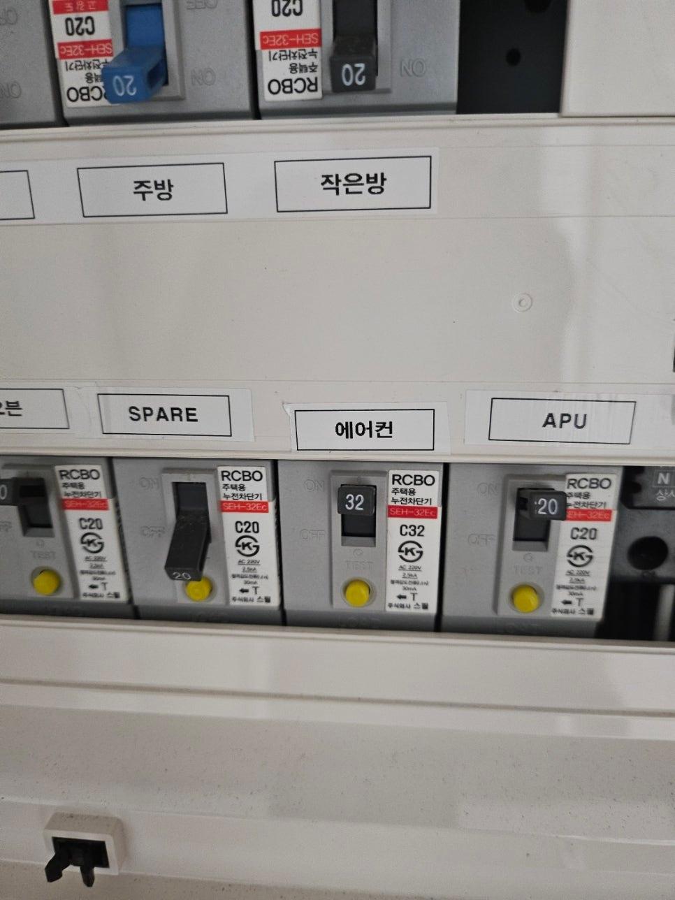 전기 박스 내부의 RCBO 스위치와 라벨