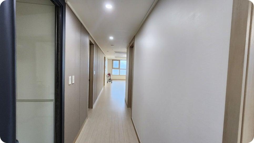 창문과 여러 개의 문이 배치된 복도 전경