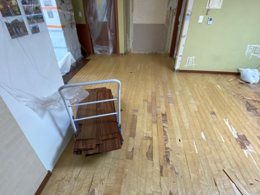 카트에 실려 내부로 진입하는 목재 패널 자재