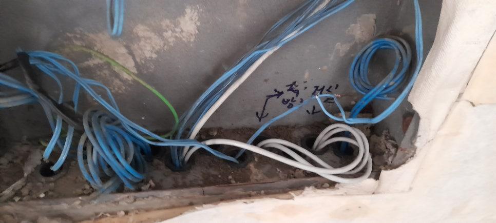 벽면에 고정된 파란색·흰색·녹색 전선들