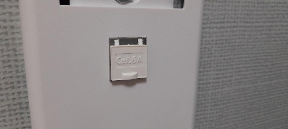 벽면에 장착된 Cat.6A 표시의 전선 콘센트