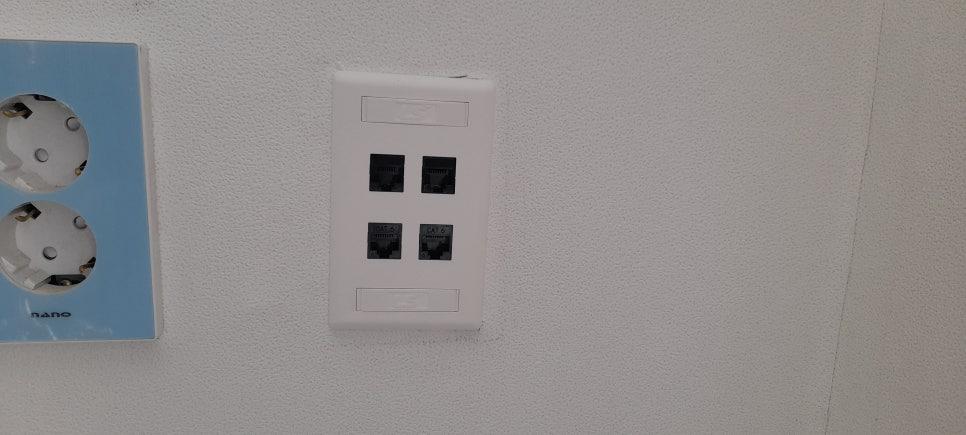 파란색 전원 소켓과 흰색 네트워크 포트 패널