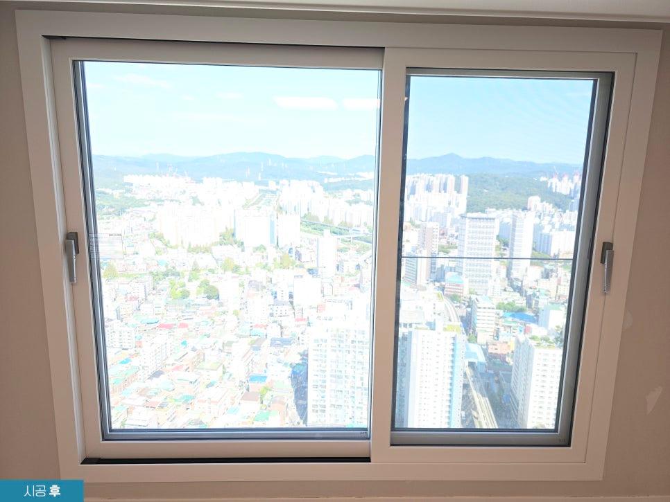 도시 전망이 보이는 화이트 샷시 근접 샷