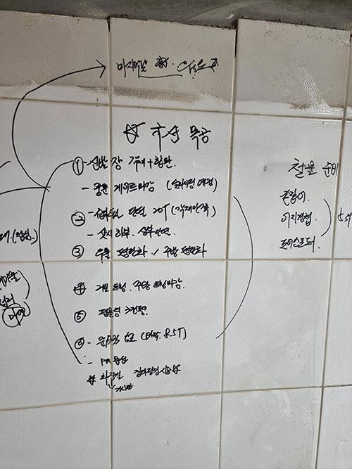 벽면에 기록된 공사 관련 메모