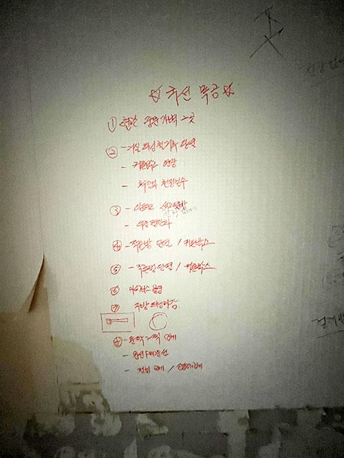 벽면에 부착된 붉은색 공정 체크리스트