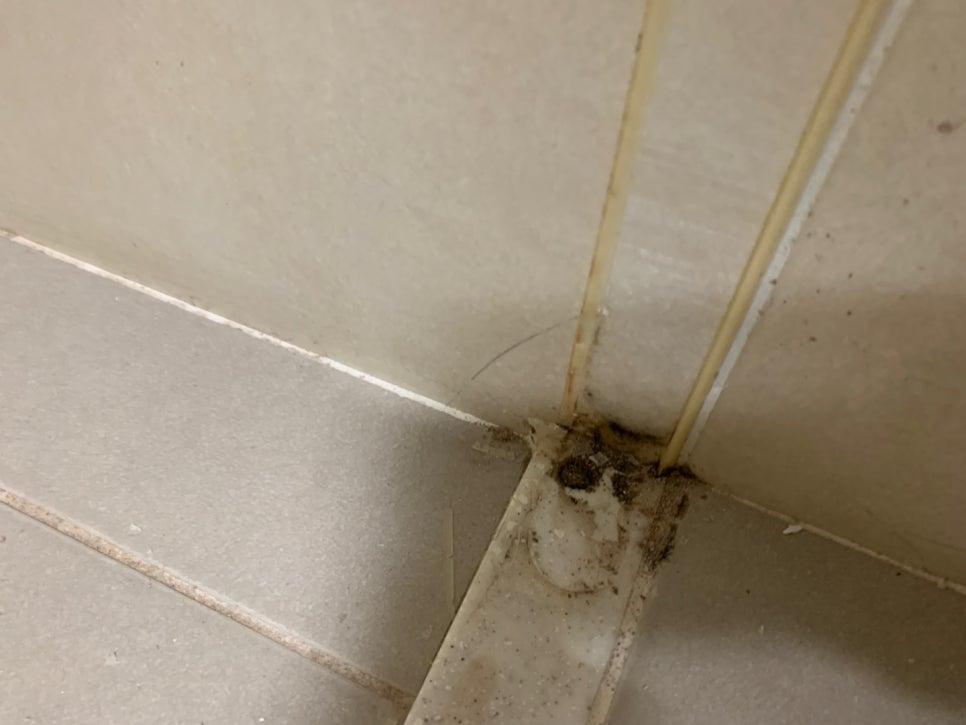벽과 바닥 사이 틈새의 노란 얼룩과 먼지