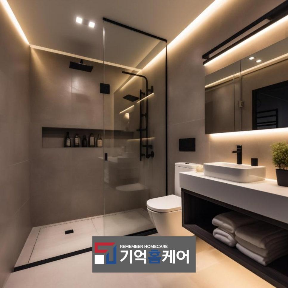 회색 벽과 흰색 바닥이 조화를 이루는 욕실 공간