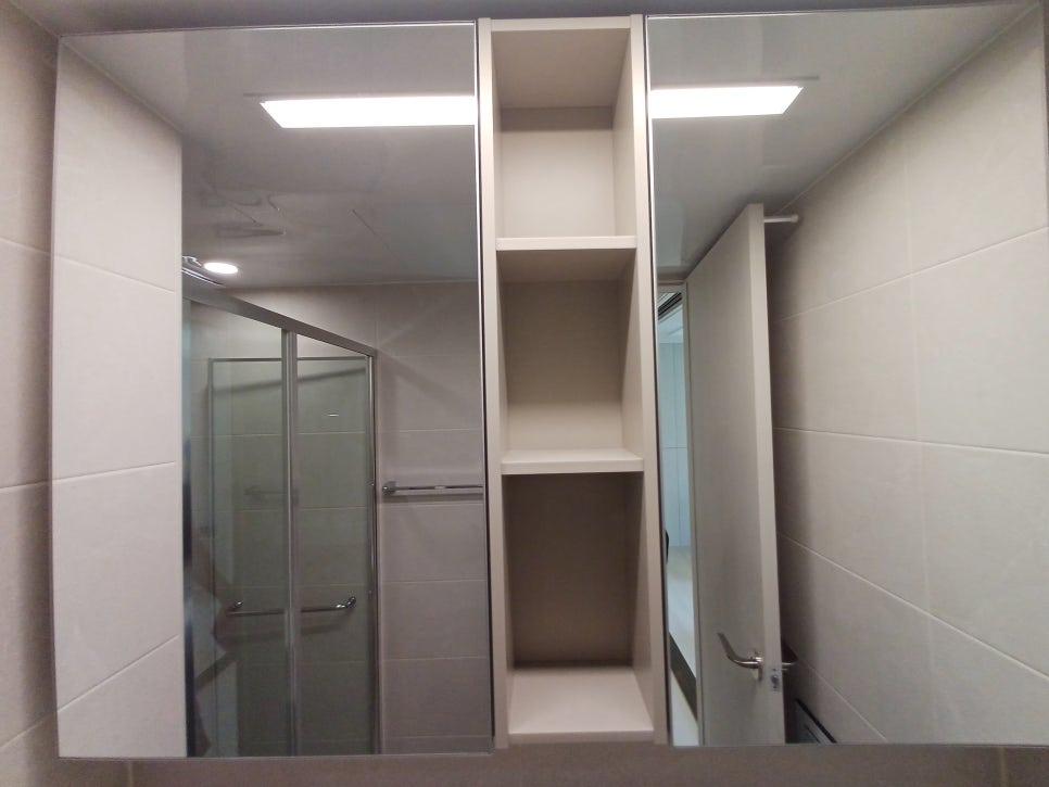거울 수납장과 유리 샤워 문이 설치된 화장실