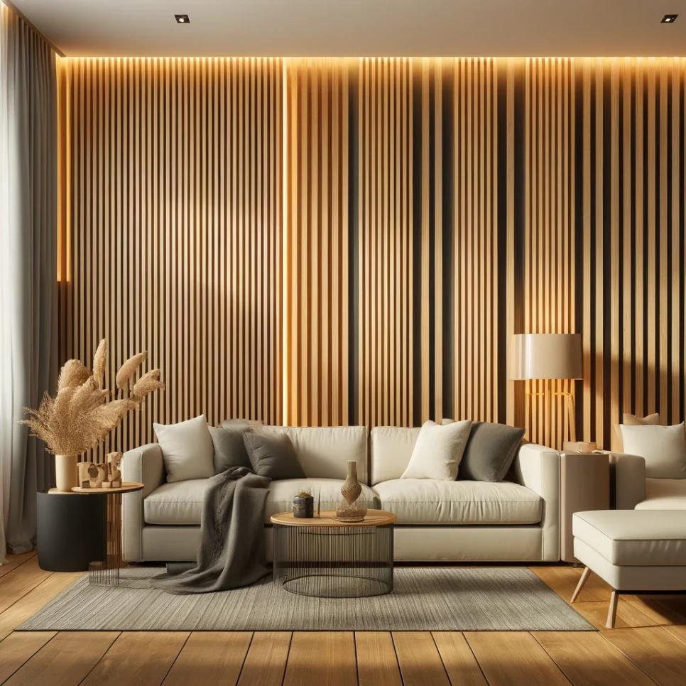 나무 패널 벽과 화이트 소파가 있는 거실