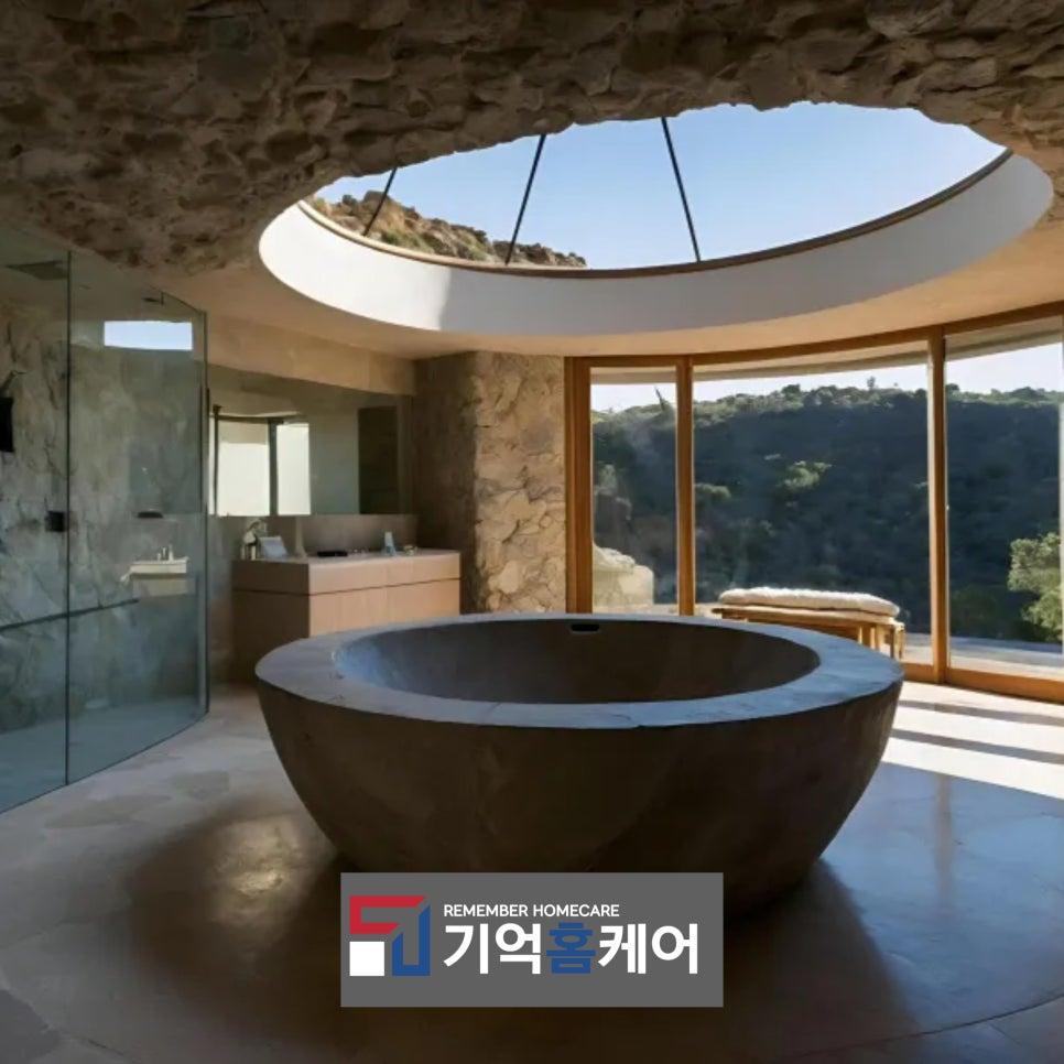 자연광이 들어오는 돌 벽 소재의 대형 목욕 공간