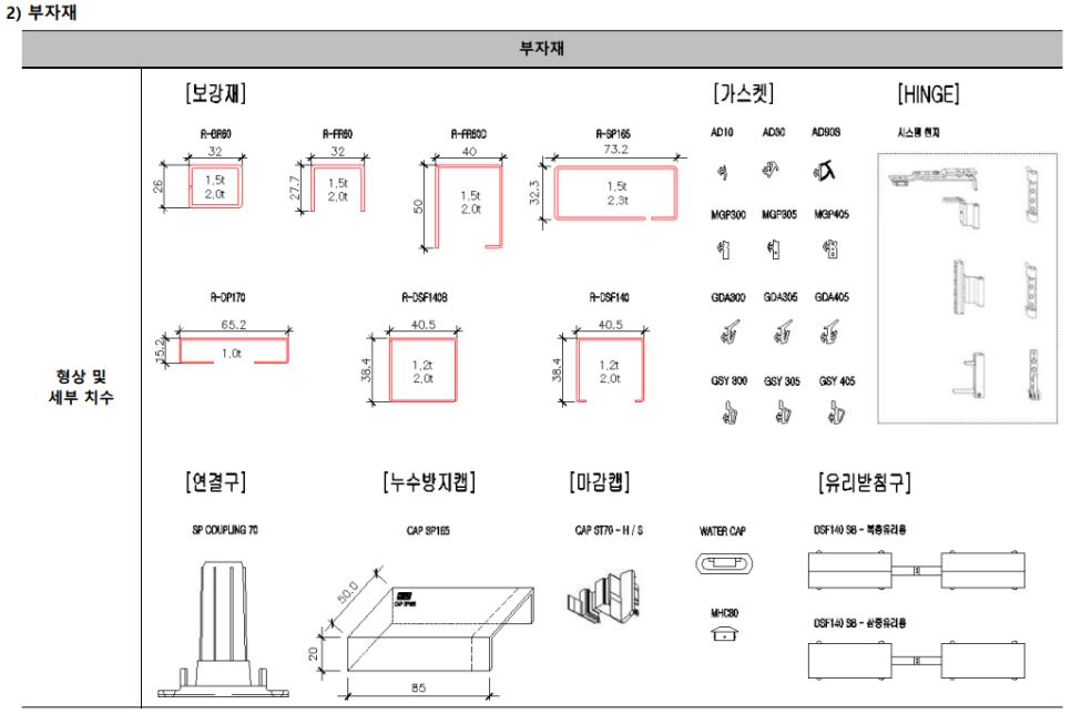 가스켓과 힌지 등 세부 부품의 치수가 표시된 도면