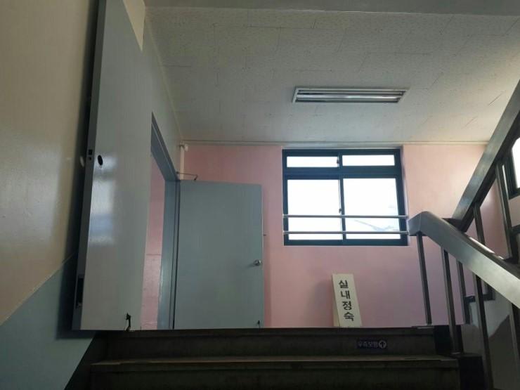 분홍색 벽면과 회색 문이 배치된 복도 공간
