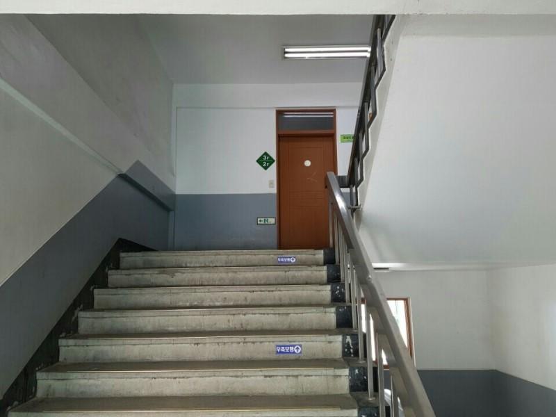 상하단 색상이 구분된 벽면과 회색 타일 계단