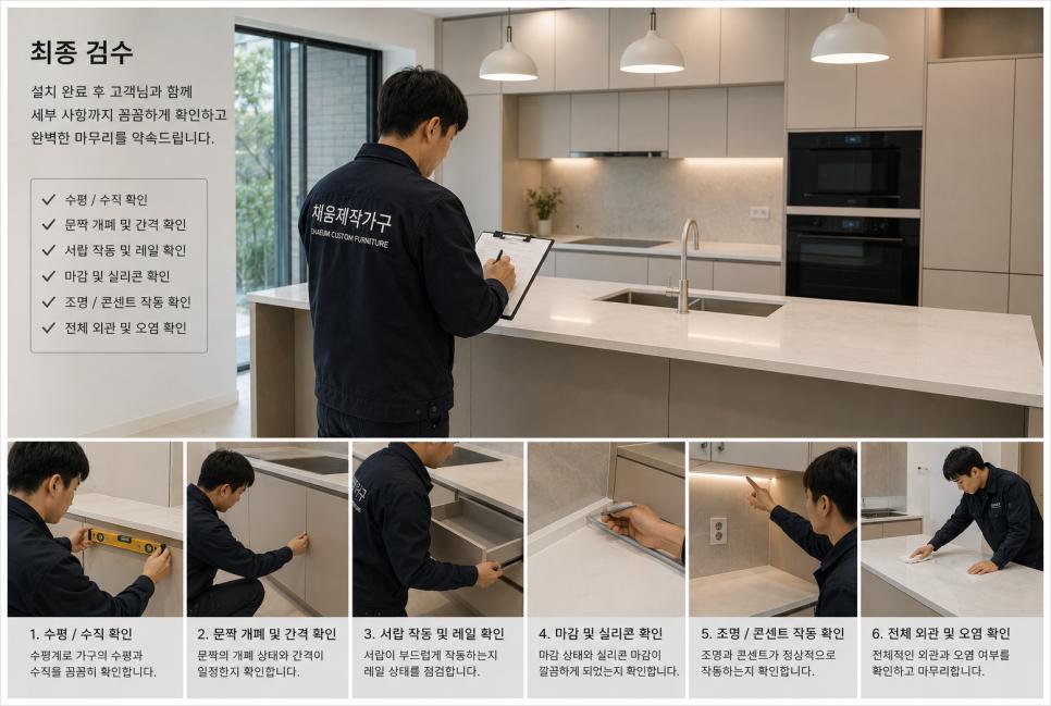 베이지 톤 캐비닛과 흰색 상판으로 완성된 주방