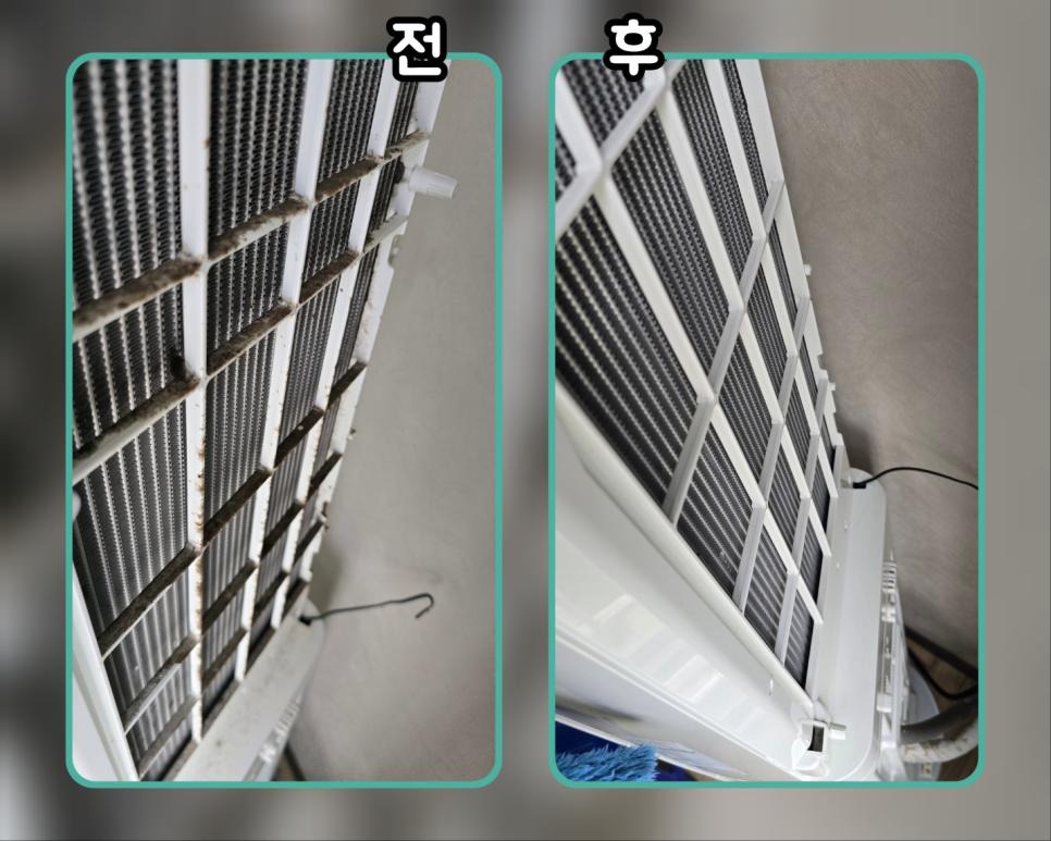 먼지가 가득했던 필터가 세척 후 하얗게 변한 모습