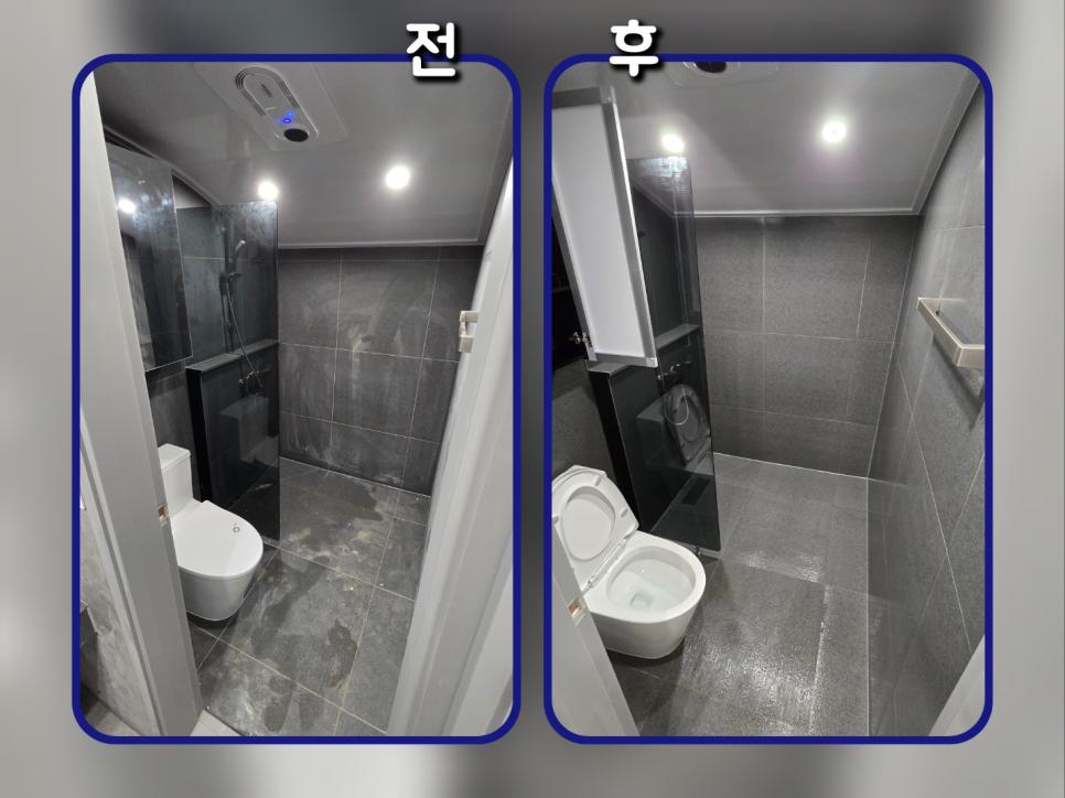 화이트 화장대가 놓인 회색 톤의 욕실