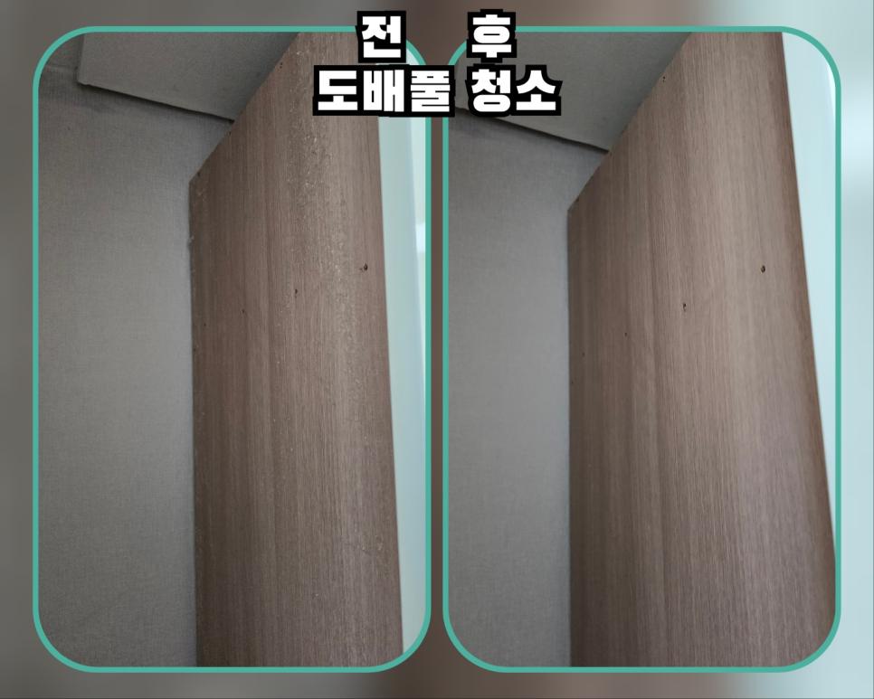 도배된 벽면과 목재 수납장의 접합부