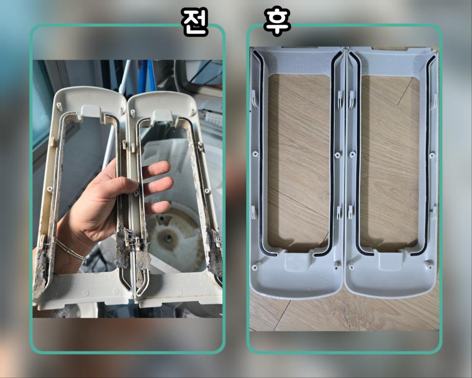 오염된 손잡이 부품과 뒤쪽의 배관 장치