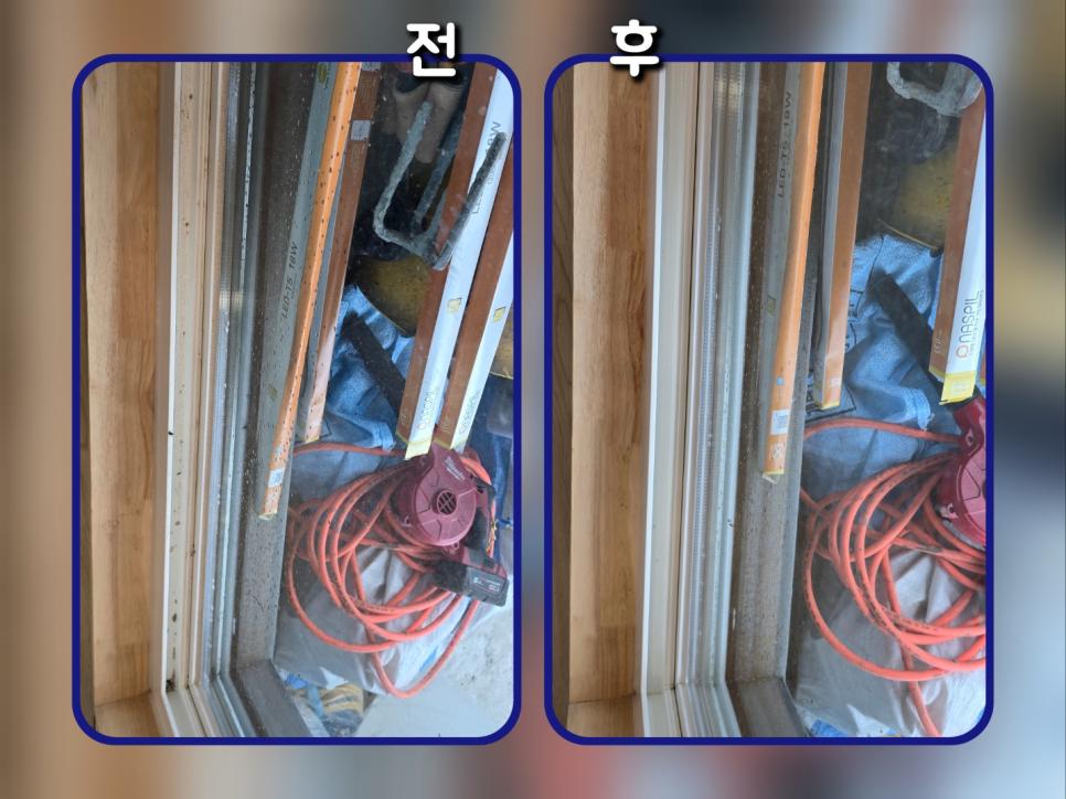 공사 중인 창호 주변의 전선과 보호 포일