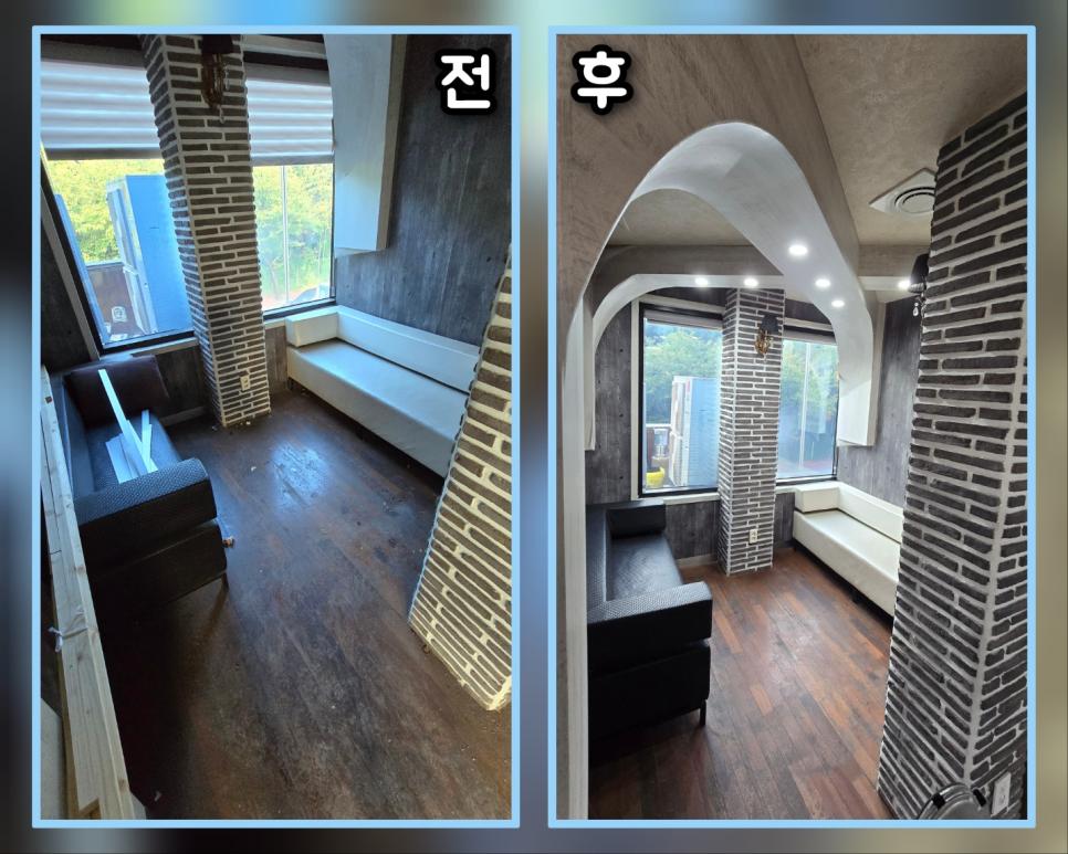 회색 벽돌과 우드톤 바닥의 베란다 연결 통로