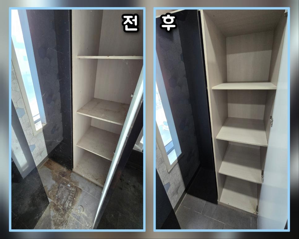 흰색 수납장과 검은색 도어의 드레스룸