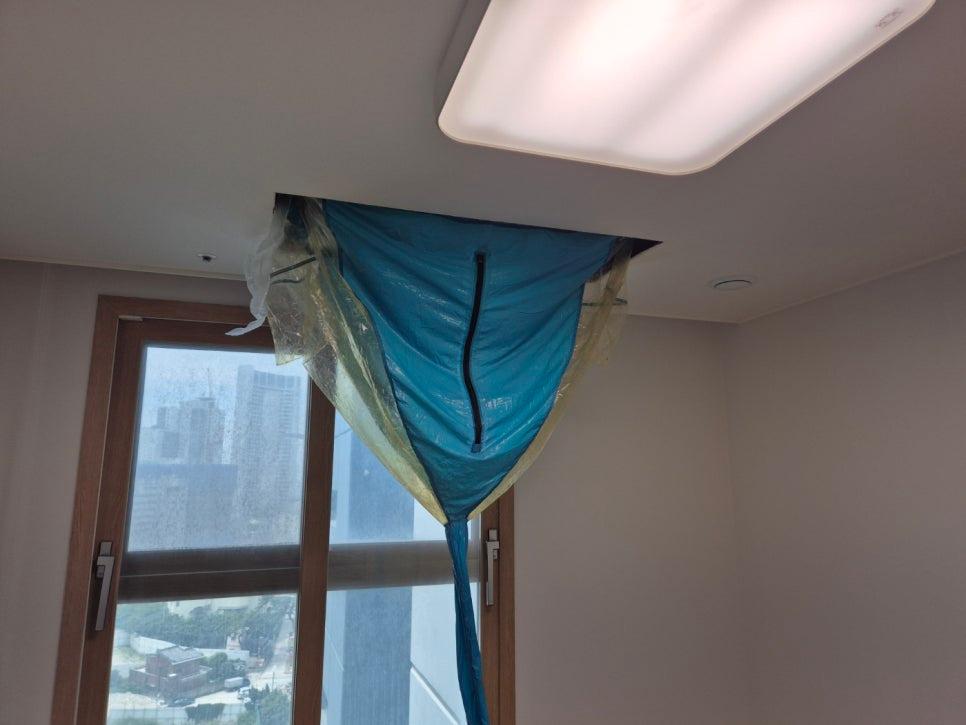 파란색 보호포일로 덮인 천정과 창문 주변