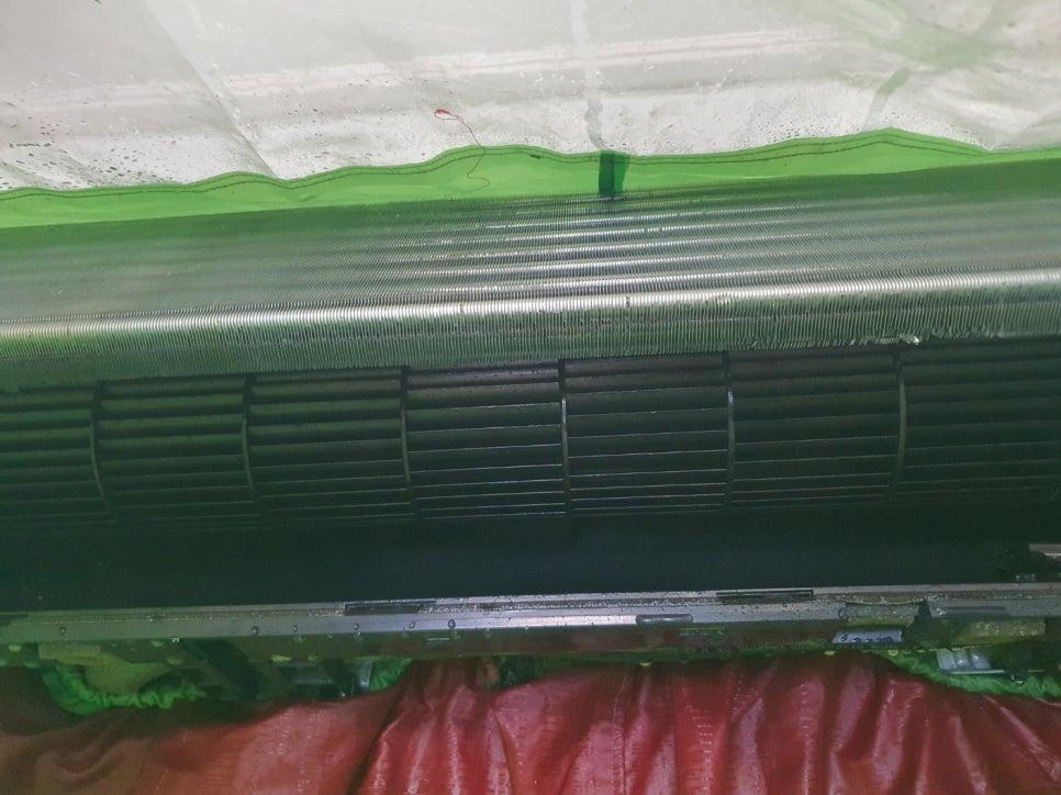 천장부에 설치된 녹색 방수망과 보양 필름