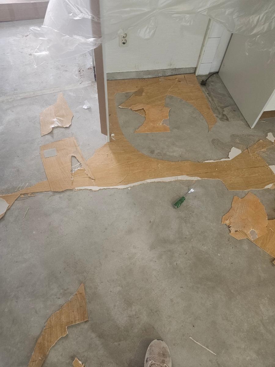 콘크리트 바닥 위에 카드보드 조각과 나사가 놓인 철거 현장