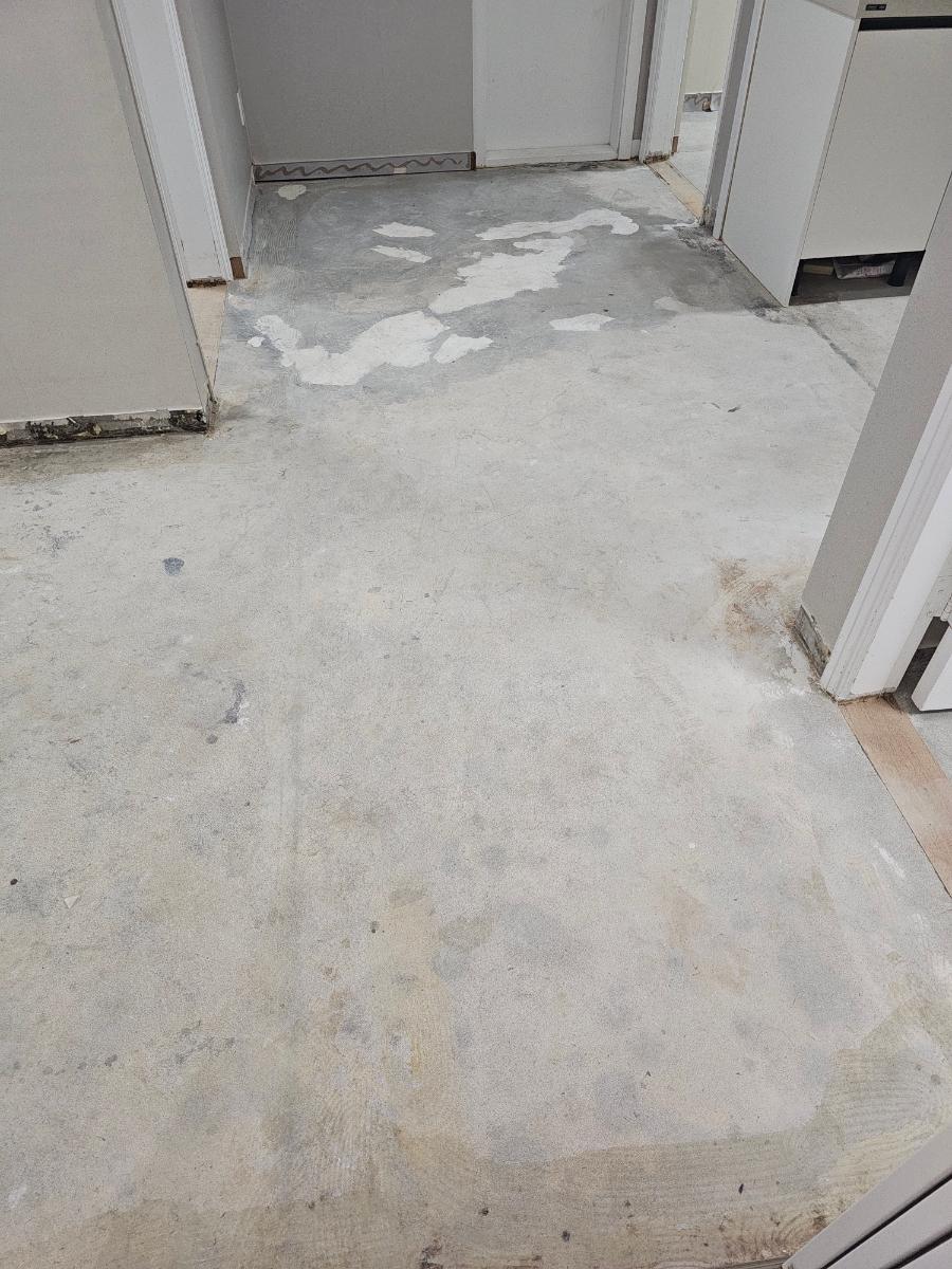 문턱 제거 후 샌딩 작업이 진행 중인 바닥