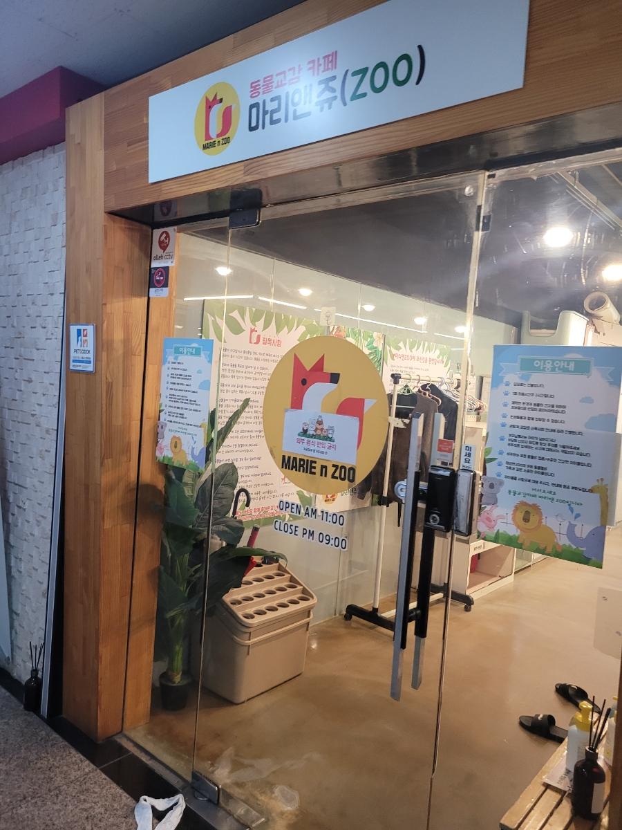 유리문과 목재 벽면이 어우러진 입구 전경