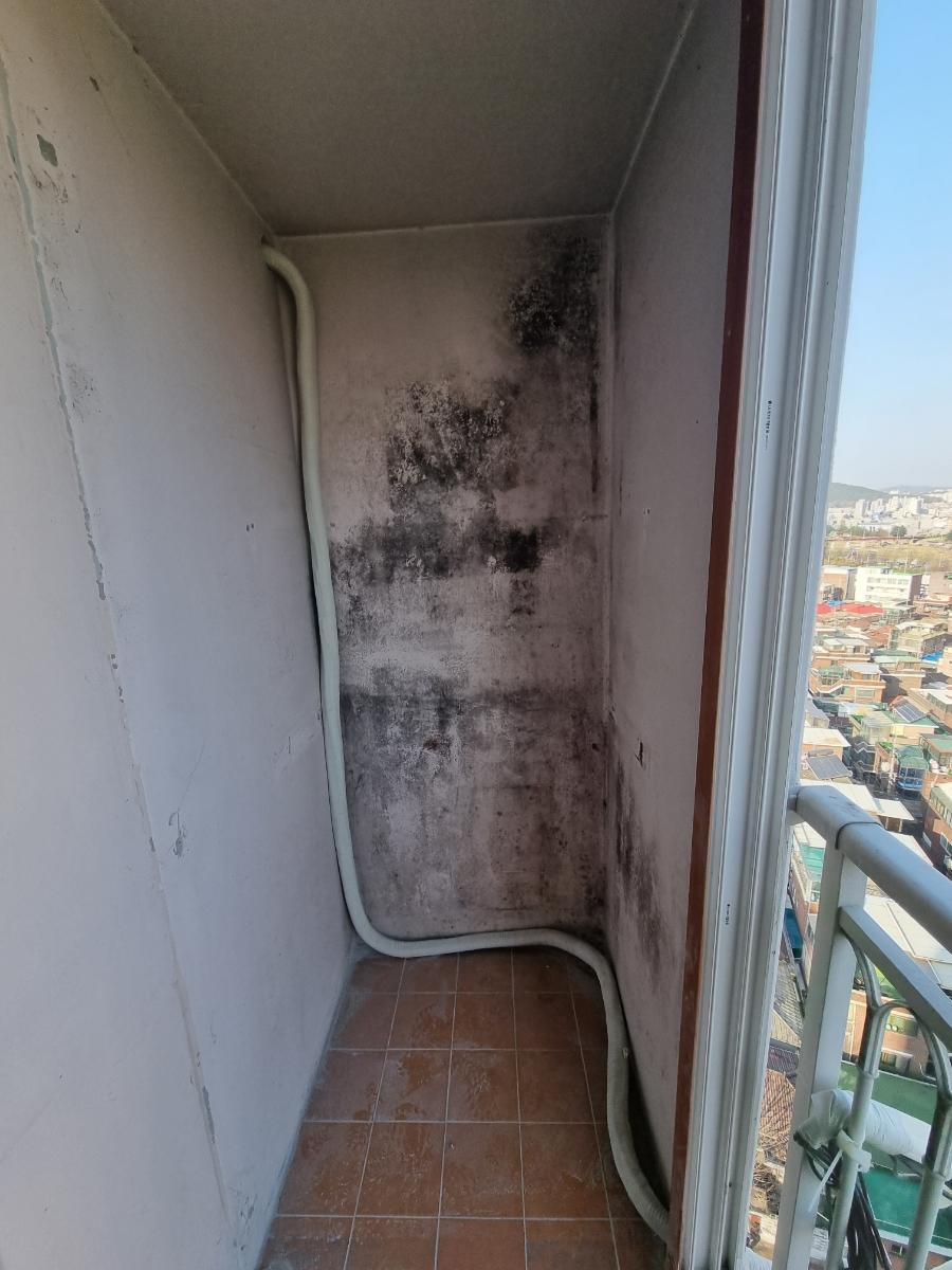 곰팡이 얼룩과 배관이 보이는 발코니 모습