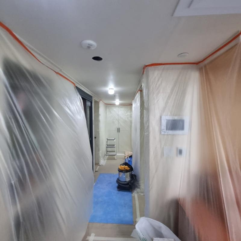 투명 시트 보양과 파란색 보호 매트가 깔린 복도