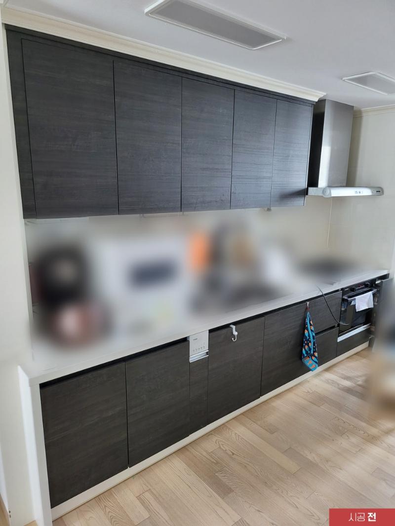 짙은 색상의 수납장과 불투명 도어 패널이 있는 시공 전 모습