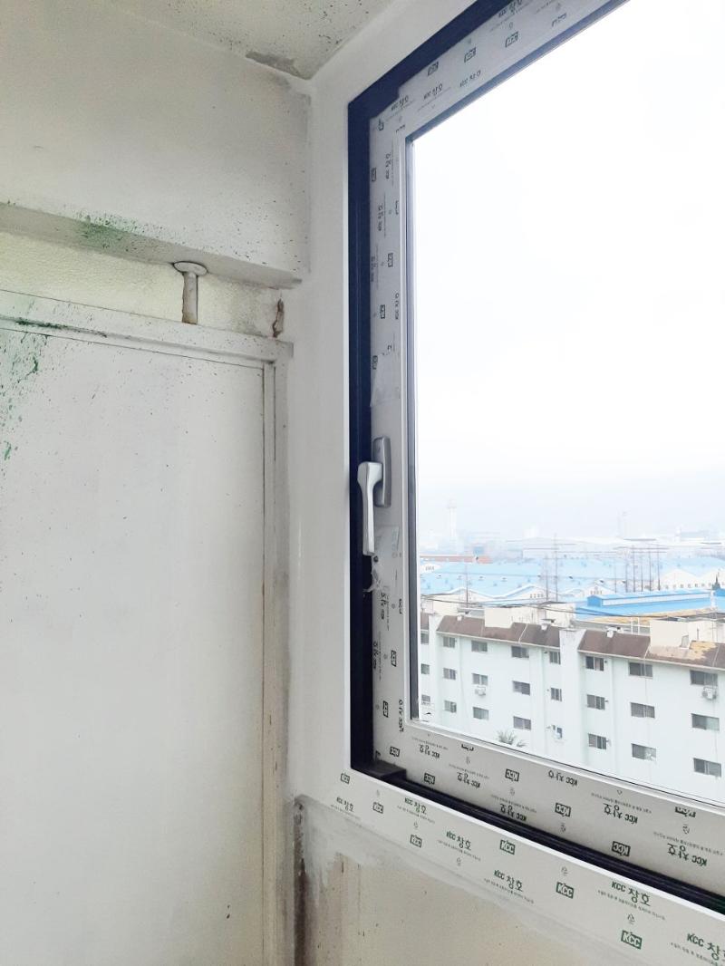 벽면 오염 구간에 설치된 보호 필름 처리 창호