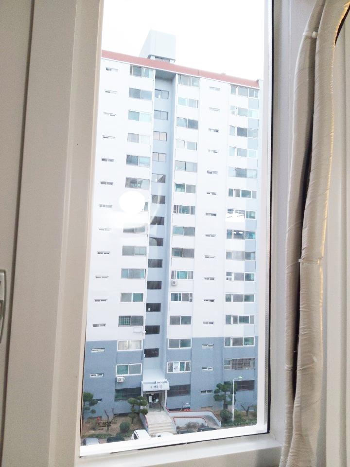 커튼과 함께 보이는 실내 창호 프레임