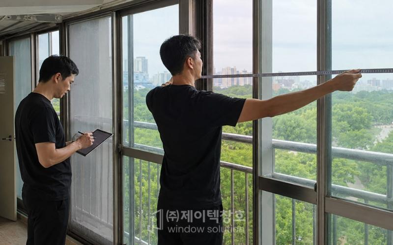 창호 프레임과 유리 패널이 맞물린 근접 촬영 사진