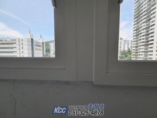 외부 건물이 보이는 흰색 창호 프레임